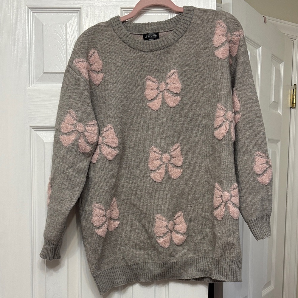 J for Justify Gray Sweater with Pink Bow Accents